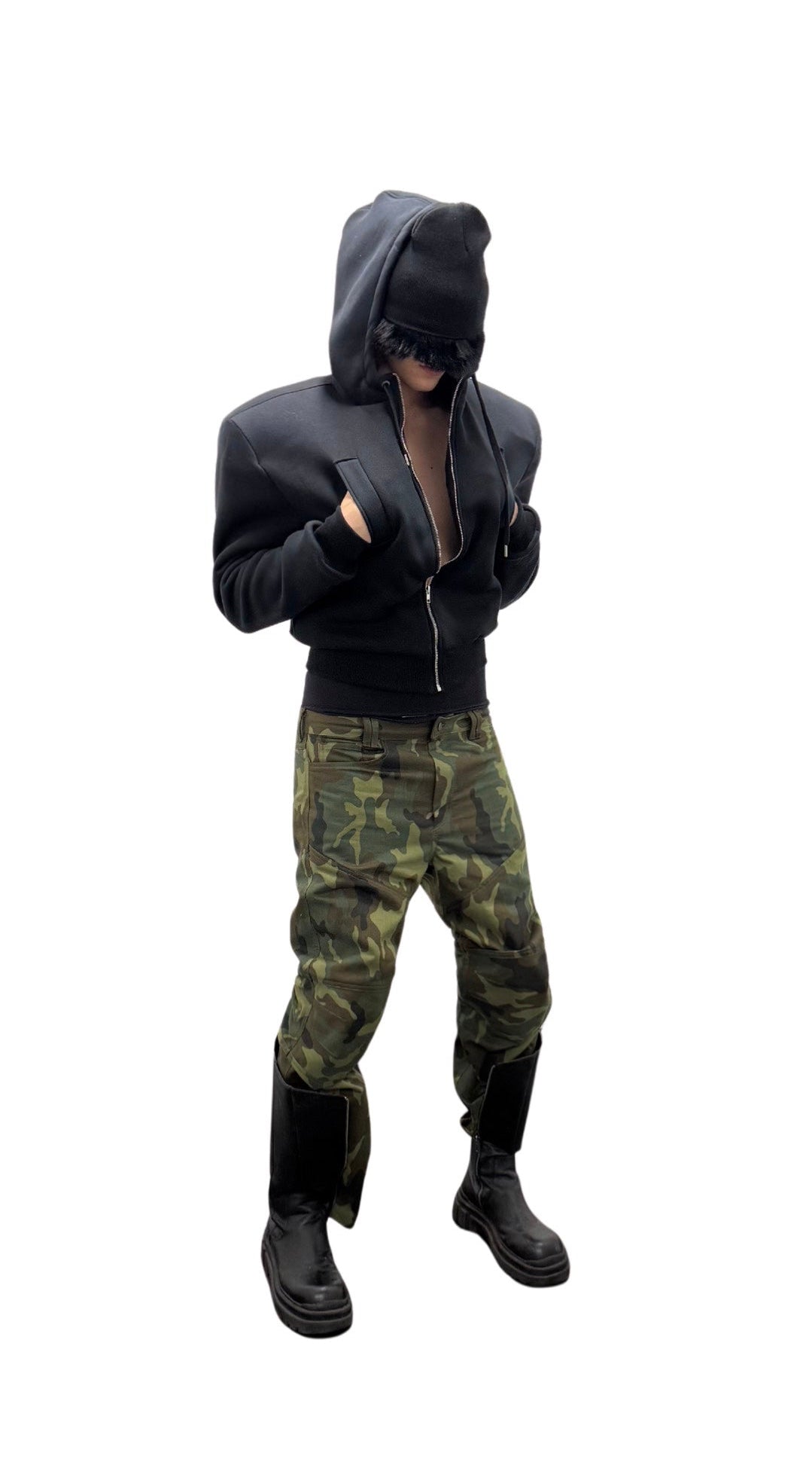 DOUBLE FACED ZIP HOODIE BLACK