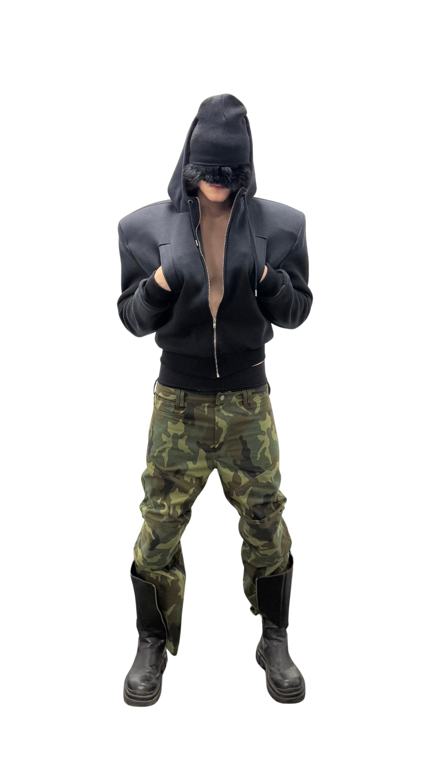 DOUBLE FACED ZIP HOODIE BLACK