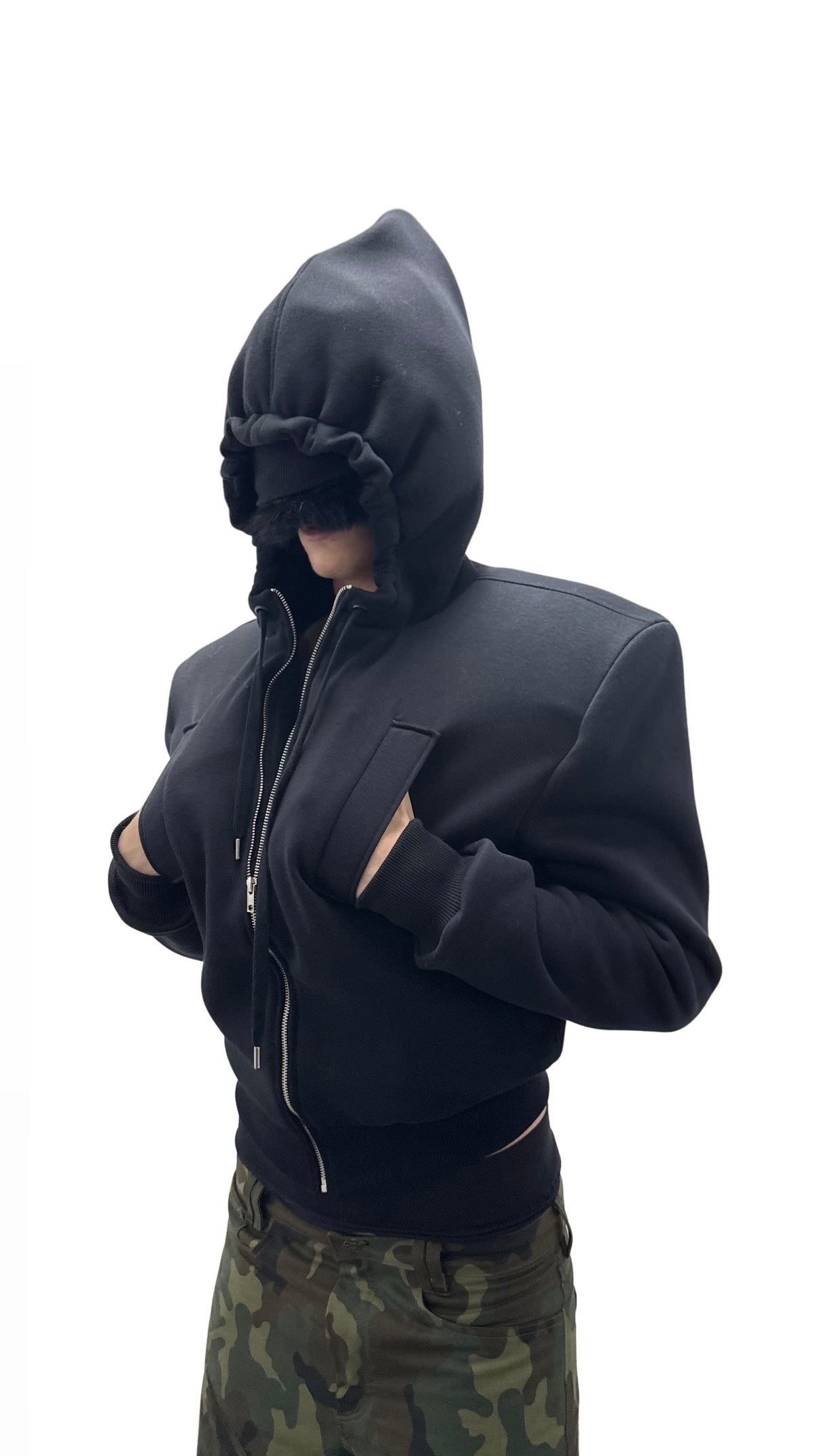 DOUBLE FACED ZIP HOODIE BLACK