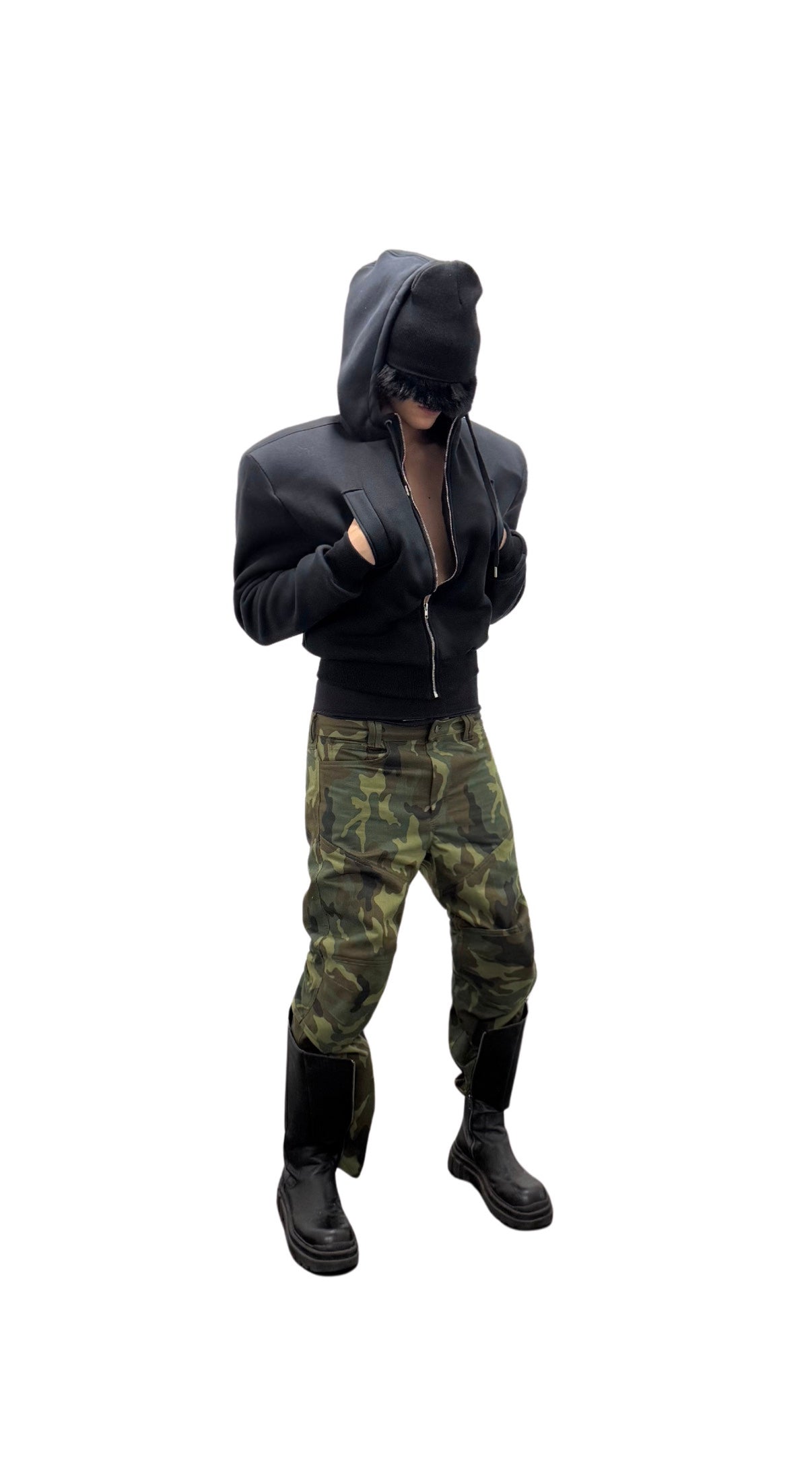 DOUBLE FACED ZIP HOODIE BLACK